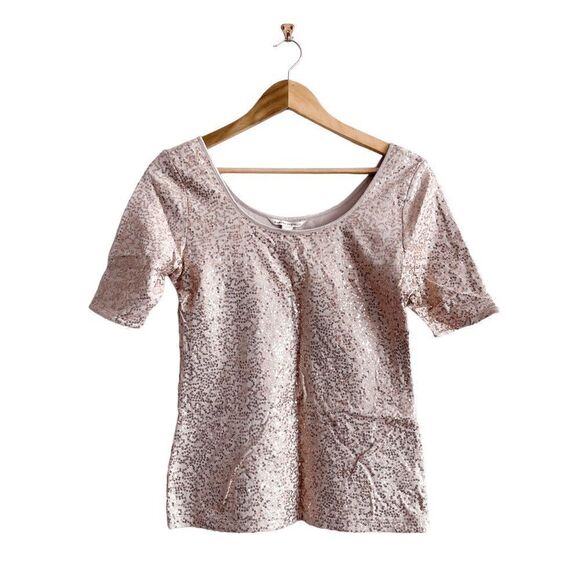 NWT Banana Republic Womens Sequin Blouse Scoop Neck Short Sleeve Rose Gold Small - Picture 1 of 7